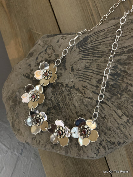 LOTR 1 - Five Flower Sterling Silver Necklace - Pink Tourmaline